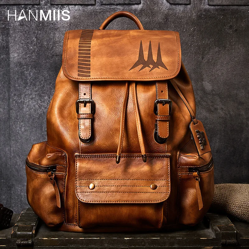 

Hanmiis New World War II Military Bag B6 Paratrooper First Layer Cowhide Vegetable Tanned Retro Men's Bag Backpack Full Leather