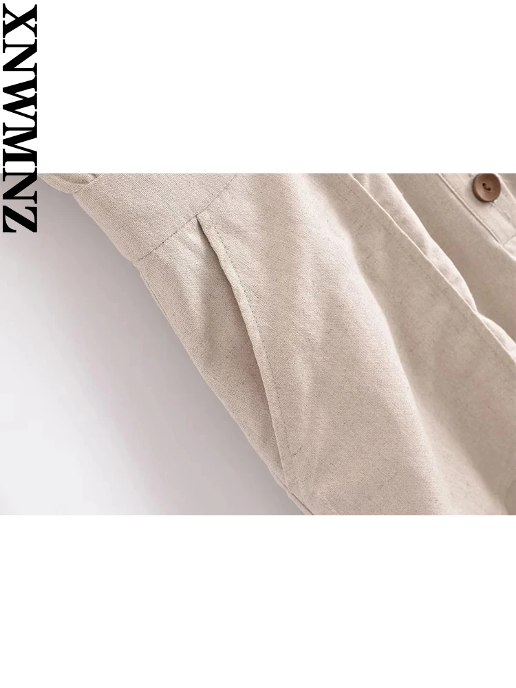XNWMNZ Women's Fashion 2023 Linen Blended straight jumpsuit Vintage V-neck Short Sleeve Front Buckle Pocket Female Jumpsuit