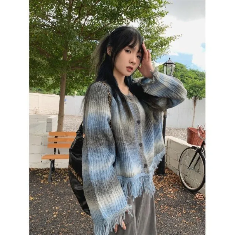 

Hikigawa Casual Contrast Color Women Sweaters O Neck Long Sleeve Pullovers Sweet Tassel Patchwork Loose Cropped Jumpers Women