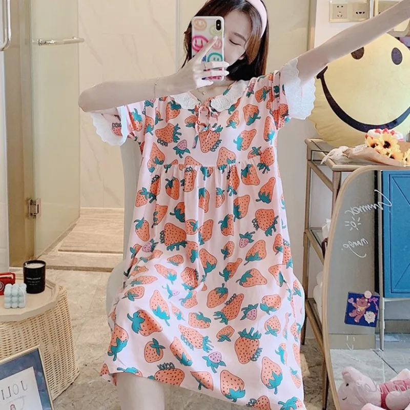 Ladies Pajamas Lace Nightgown Cotton Silk Summer Style Sleep Dresses Women Student Sweet Nightdress