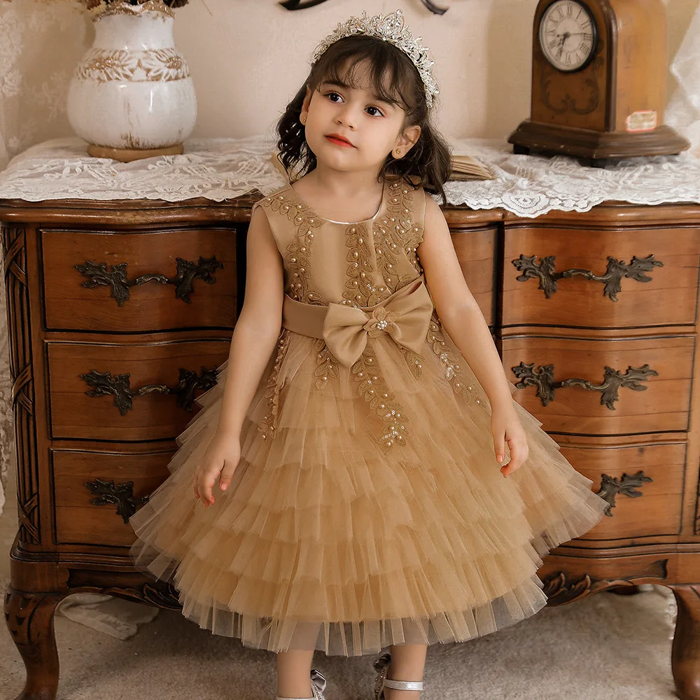 

Toddler Kids Dresses Gold Princess Sleeveless Children Party Gowns with Appliques Pearls Vestido Infantil for 6M-4Y