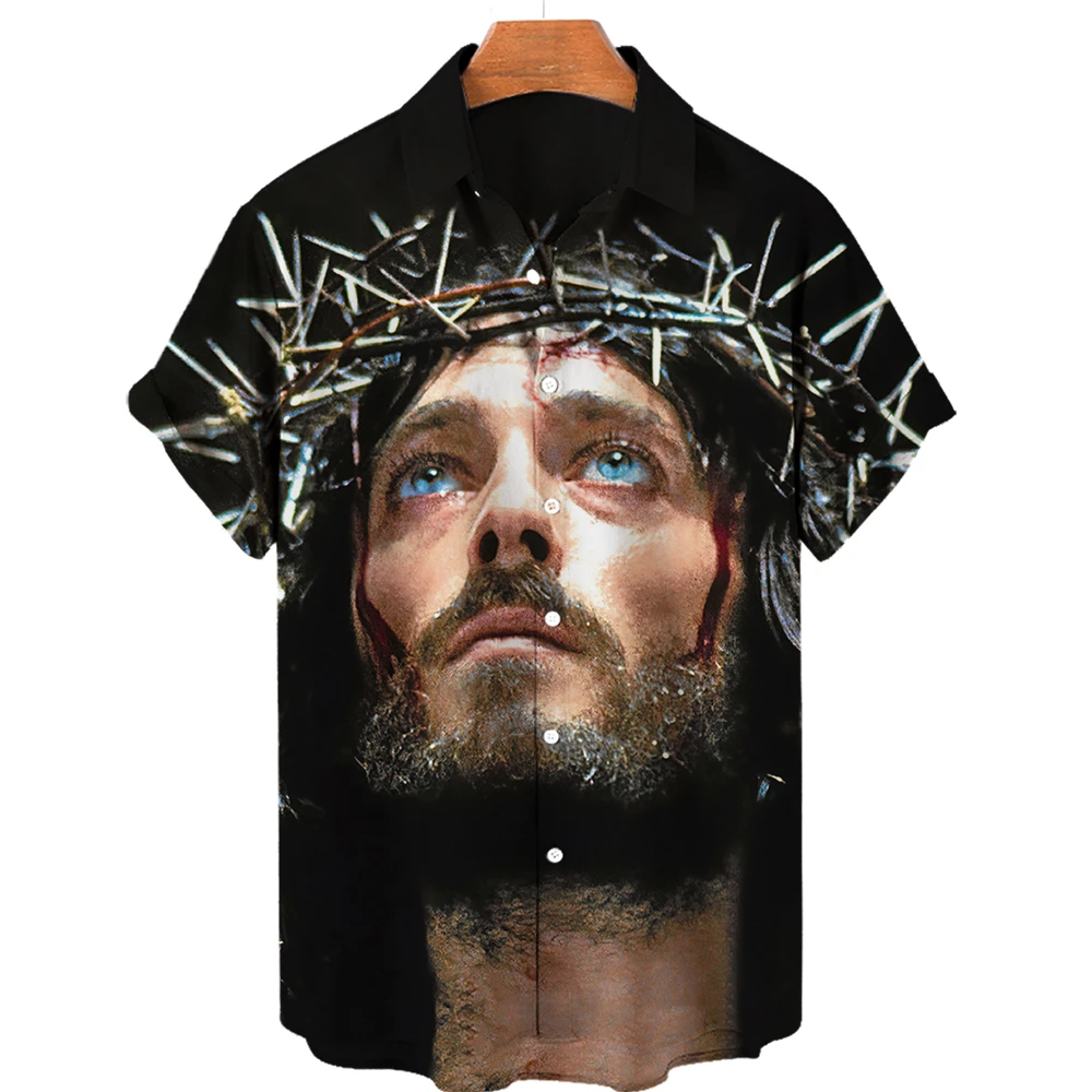 

Рубашка мужская с 3D принтом Христос Иисус, Повседневная модная однобортная блузка оверсайз с короткими рукавами, трендовая одежда с лацканами, лето