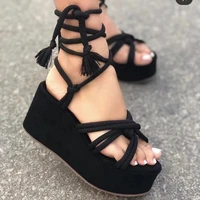 summer women fashion sandals platform wedge heel ankle strap lace up cross tied narrow band rome sexy ladies sandalias mujer
