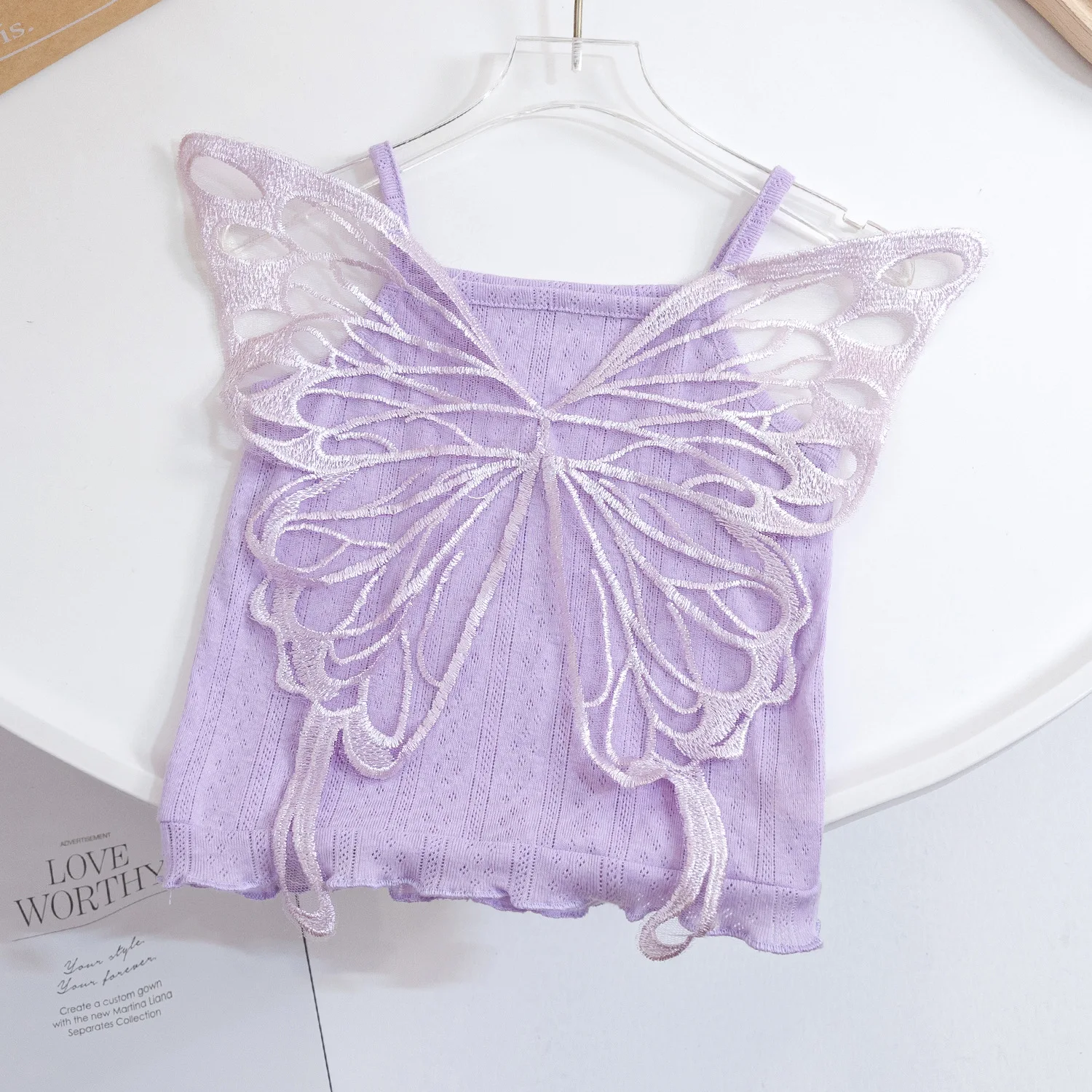 Summer Y2K Sweet Vest Children Cotton Korean Fashion Light Thin Butterfly Tank Tops Girls Sleeveless Kawaii Fairy T-shirt Top