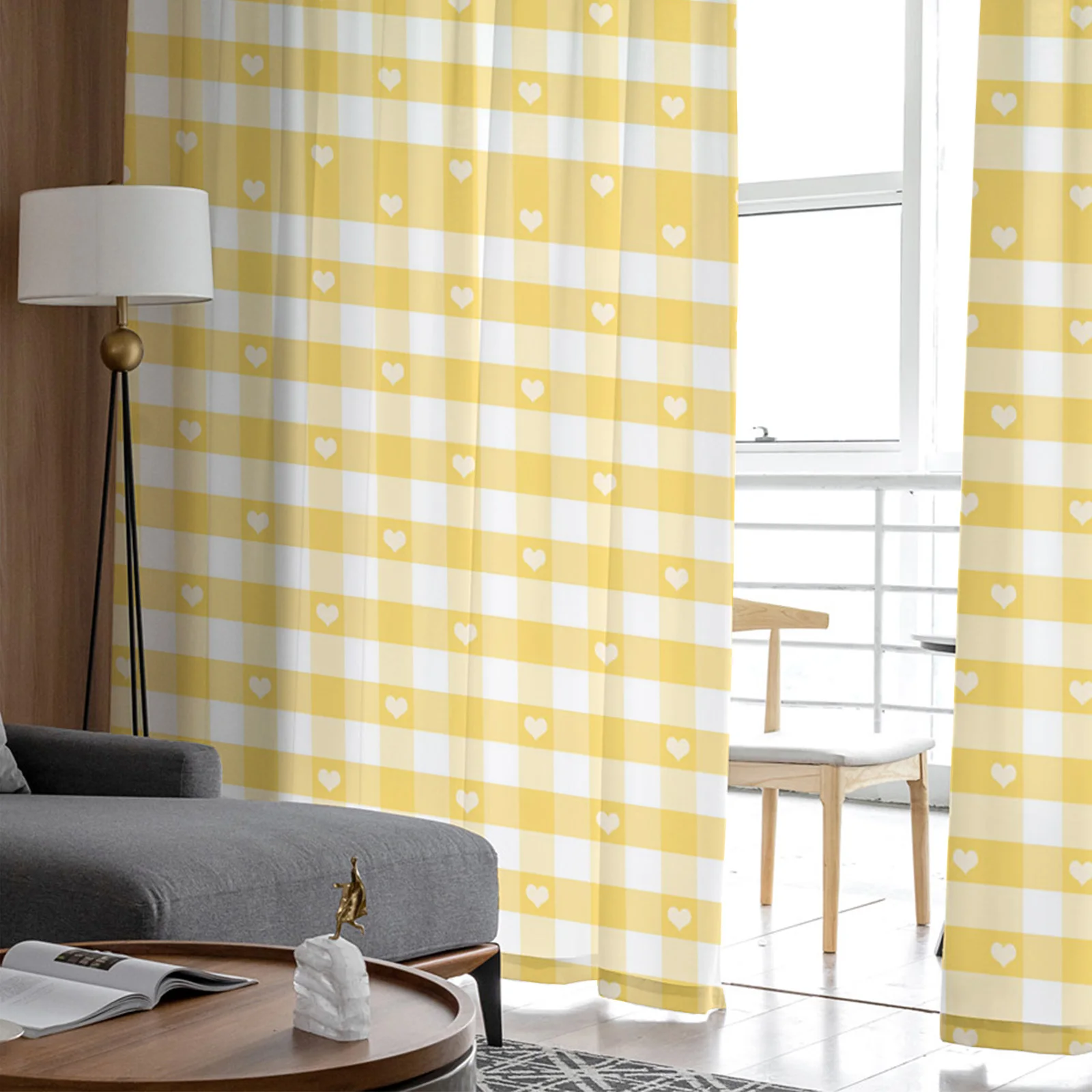 Шторы в клетку с желтым сердечком драпировка прозрачный тюль украшение для дома