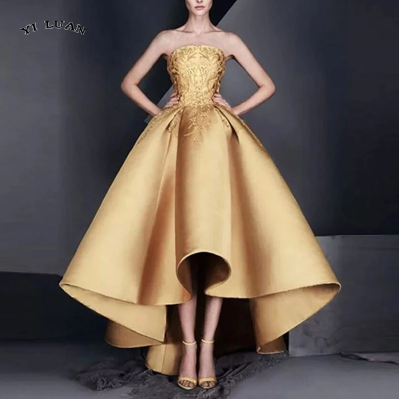 

Latest Gorgeous High Low Gold Prom Party Gowns Satin Strapless Short Front Long Back Wedding Guest Dresses Lace Ball Gown 2022
