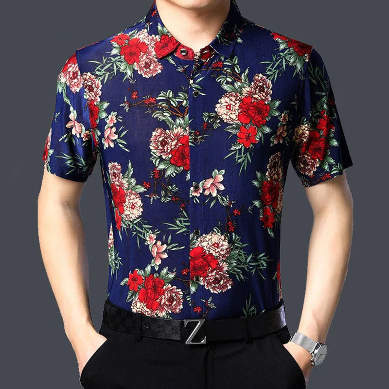 Streetwear Fashion Male Clothing Floral Shirts Business Casual Men New Thin Short Sleeve Lapel Summer Loose Printing Tops 2023