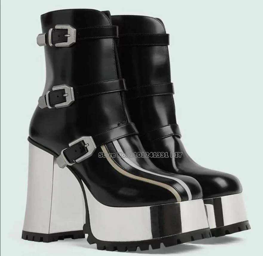 Buckle Straps Design Thick Platform Real Cow Leather Black Color Short Boots Women Autumn Winter Mid Calf 11Cm Heeled Boots