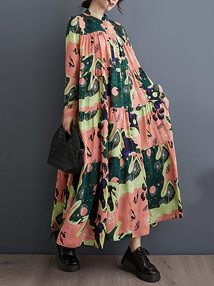 Однобортные платья XITAO с принтом в стиле пэчворк пуловер воротником-стойкой