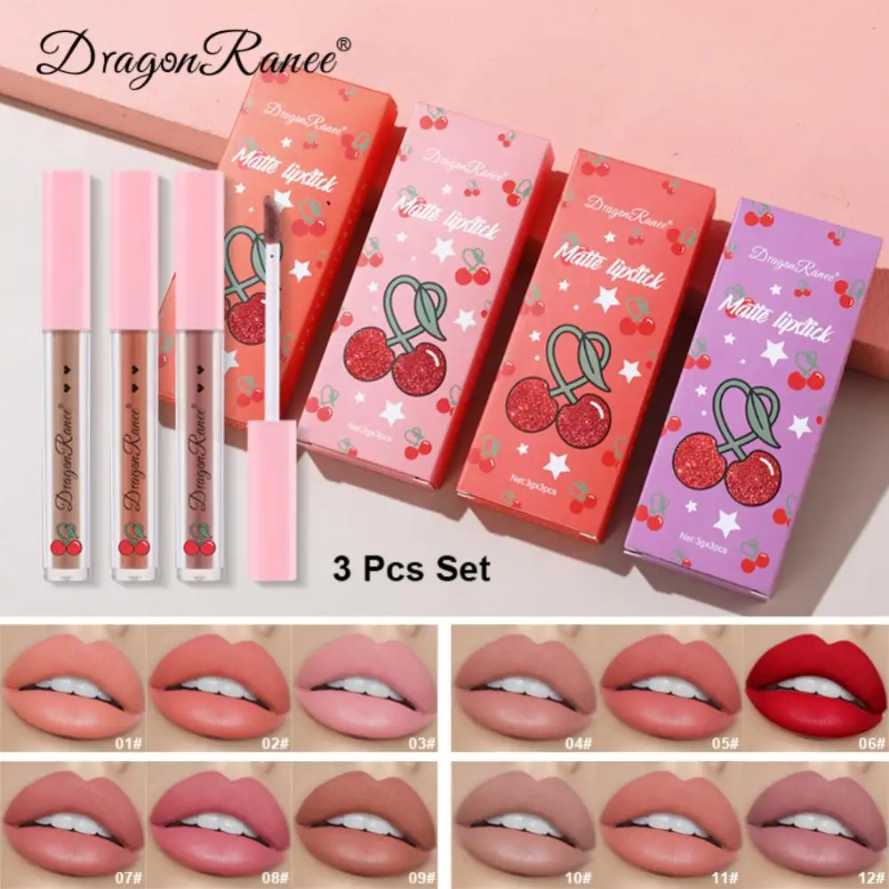 

3pcs Set Liquid Lipstick Lipgloss Gift Set Lip Glaze Moisturizing Waterproof Cherry Lip Gloss Lips Makeup Lip Tint Non-stick Cup