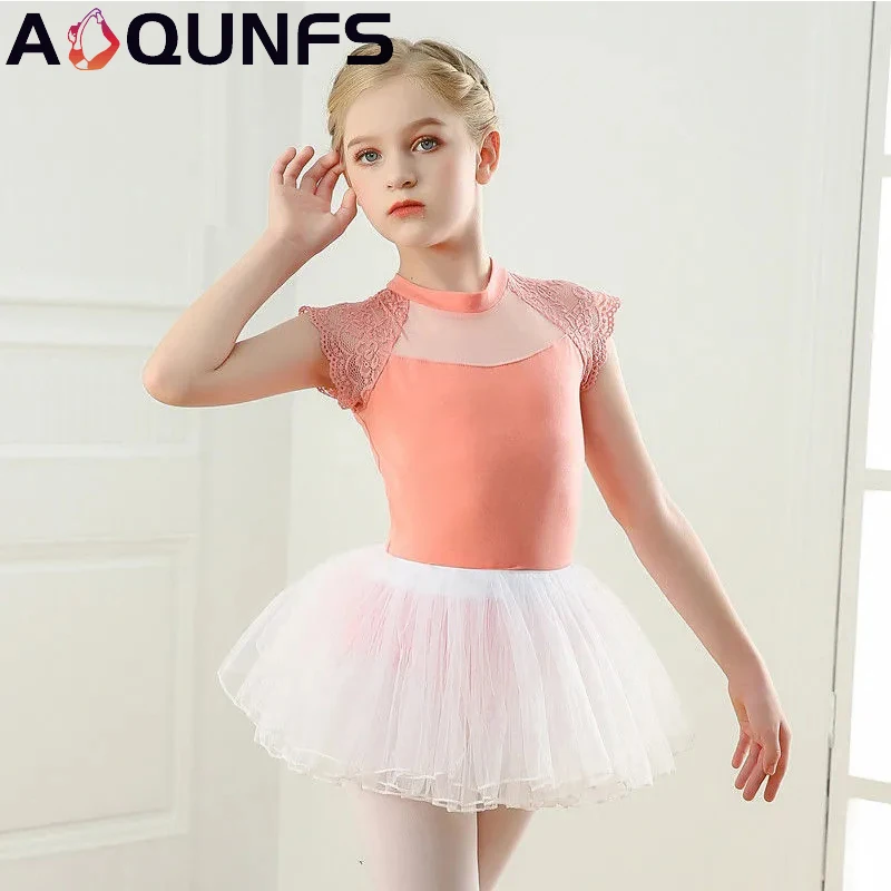 AOQUNFS Girls Ballet Leotard Tutu Skirt Short Sleeve Dance Leotard 2PCS Dance Suits Ballet Costumes Kids Child Ballet Bodysuits