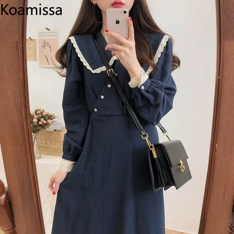 Koamissa Preppy Style Women Solid A Line Dress Long Sleeves Fashion Lady Solid Bodycon Maxi Dresses Spring Autumn Vestidos Chic