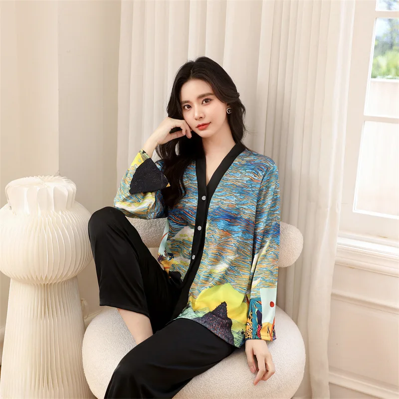 FALLINLAOE New Women's Pajamas Set Luxury Print Sleepwear V Neck Kimono Casual Homewear Satin Silk Like Nightwear Femme Petite