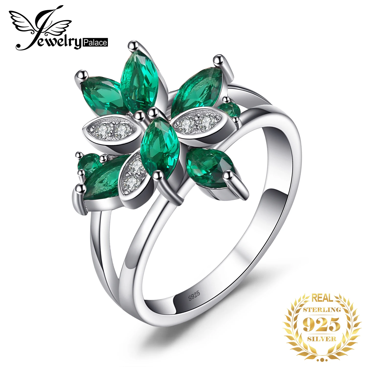 

JewelryPalace Flower 1.2ct Green Simulated Nano Emerald 925 Sterling Silver Cocktail Ring for Women Statement Gemstone Jewerly