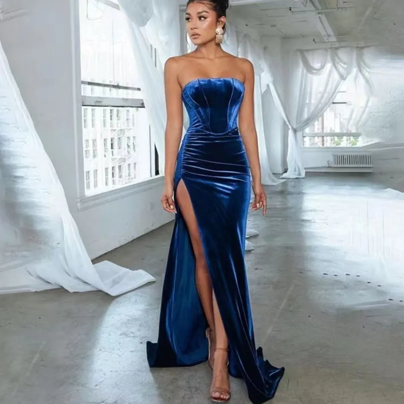 

Velvet Elegant Party Evening Dress Women Fashion Slim Slit Bandeau Backless Floor Maxi Dress Ankara Robes Summer Blue Black 2023