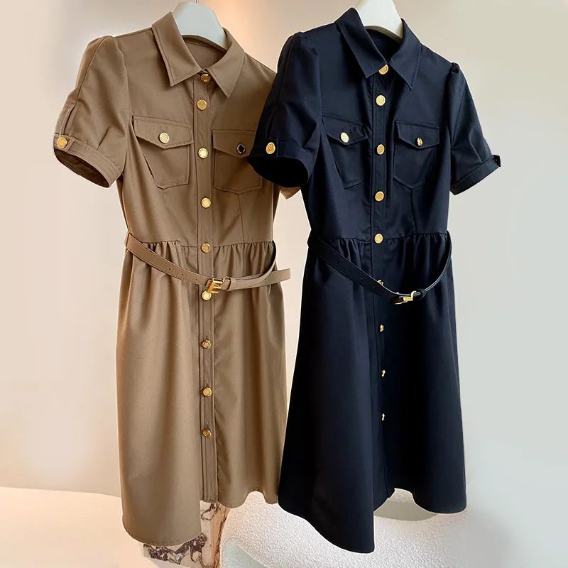 

22 Summer Shirt Dress Women Fashion Runway Gold Button Short Sleeve Lapel Office Dress With Belt Elegant Vintage Formal Dresses