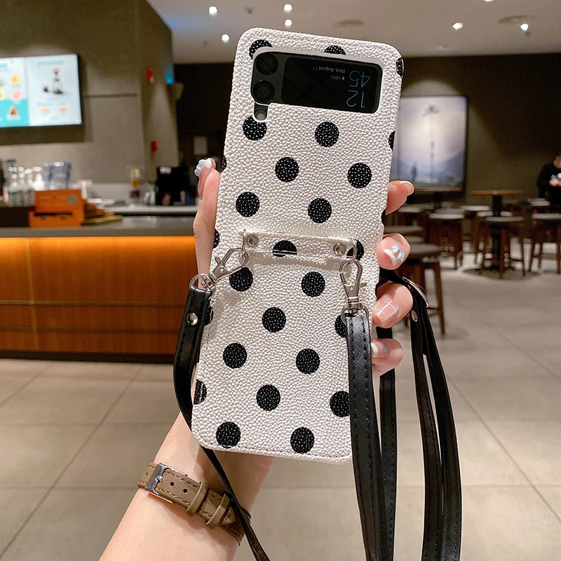 

Retro Polka Dots PU Leather Grain Texture Phone Cover For Samsung Galaxy Z Flip 3 5G Crossbody Long Strap Full Protection Case