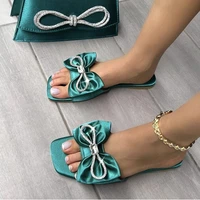 women slippers summer elegant rhinestone bow flats slides peep toe beach sandals female green shoes footwear zapatillas de mujer