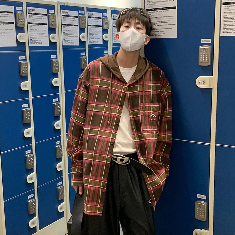 

Рубашка мужская с длинным рукавом и капюшоном, мешковатая модная однобортная Блузка в клетку, корейский худи в стиле Харадзюку, пальто оверсайз