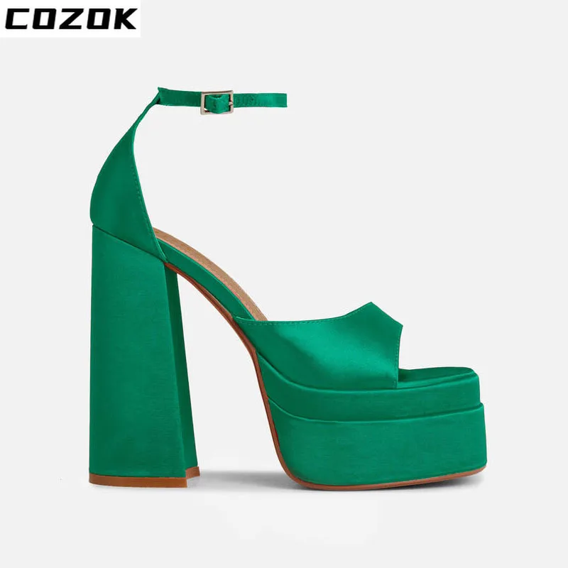 

2022 New Women's Sandals Thick High Heel Platform Silks Sexy Wedding Shoes Red Summer Fish Mouth Ladies Big Size 43 Shoes Black
