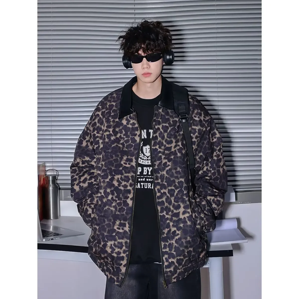 Модная леопардовая куртка в американском стиле с лацканами пэчворк свободный