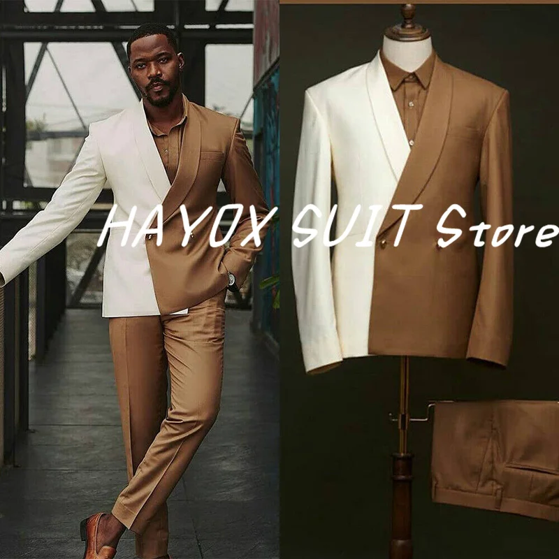 Wedding Man Suits 2022  Shawl Collar Double Breasted Blazer Set Fashion New Patchwork Color Costume Homme Tuxedo
