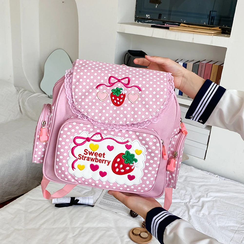 

Kawaii Kids School Bag Cute Strawberry Embroidery Student Mochila Dots Multi-Pocket Nylon Fashion College for Teenager Girl
