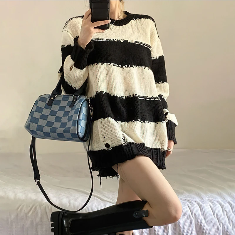 

Женский полосатый свитер в стиле унисекс, Свободный пуловер оверсайз в стиле Харадзюку С дырками, уличная одежда Y2k на осень