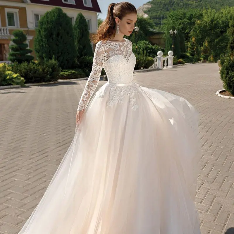 

TIXLEAR O-Neck Wedding Dress For Women A-Line Appliques Lace Full Sleeve Belt Elegant فستان الزفاف vestidos novia 2023 vestido
