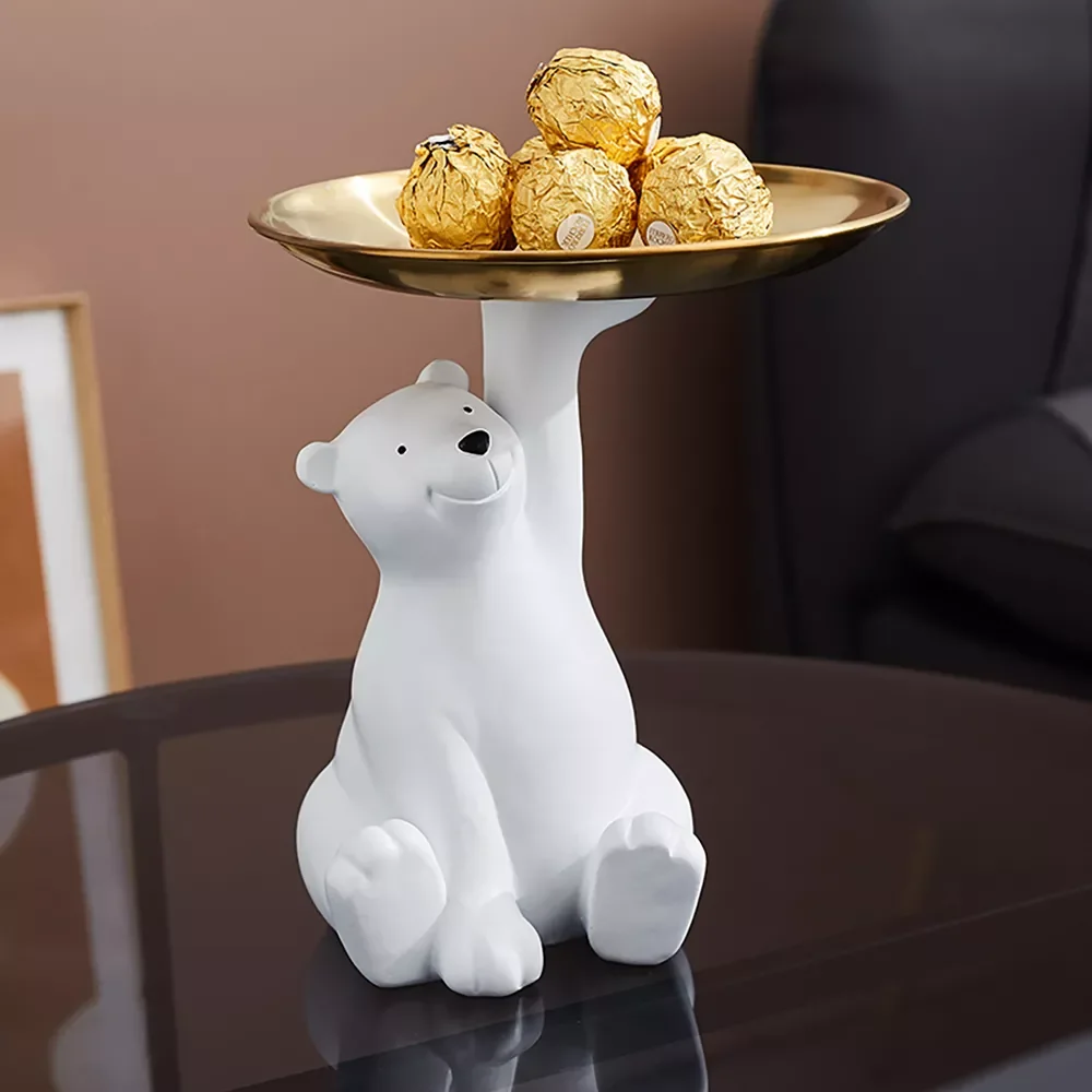 

Creative White Bear Statue Storage Tray Nordic Home Decor Living Room Table Decoration Snacks Storage Tray Decoration Crafts