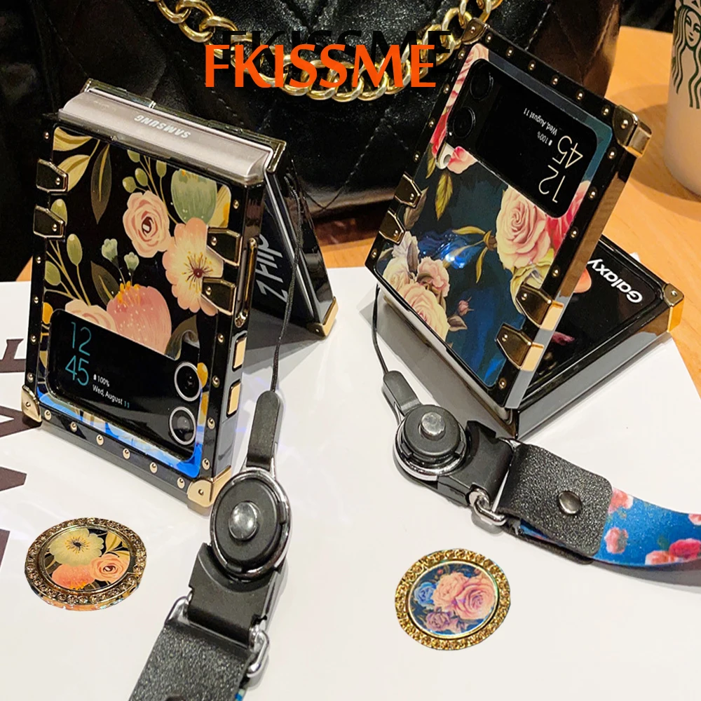 

Luxury Vintage Rose Peony Flower Case For Samsung Galaxy Z Flip 4 Square Laser Glitter Lanyard Cover For Samsung Galaxy Z Flip 3