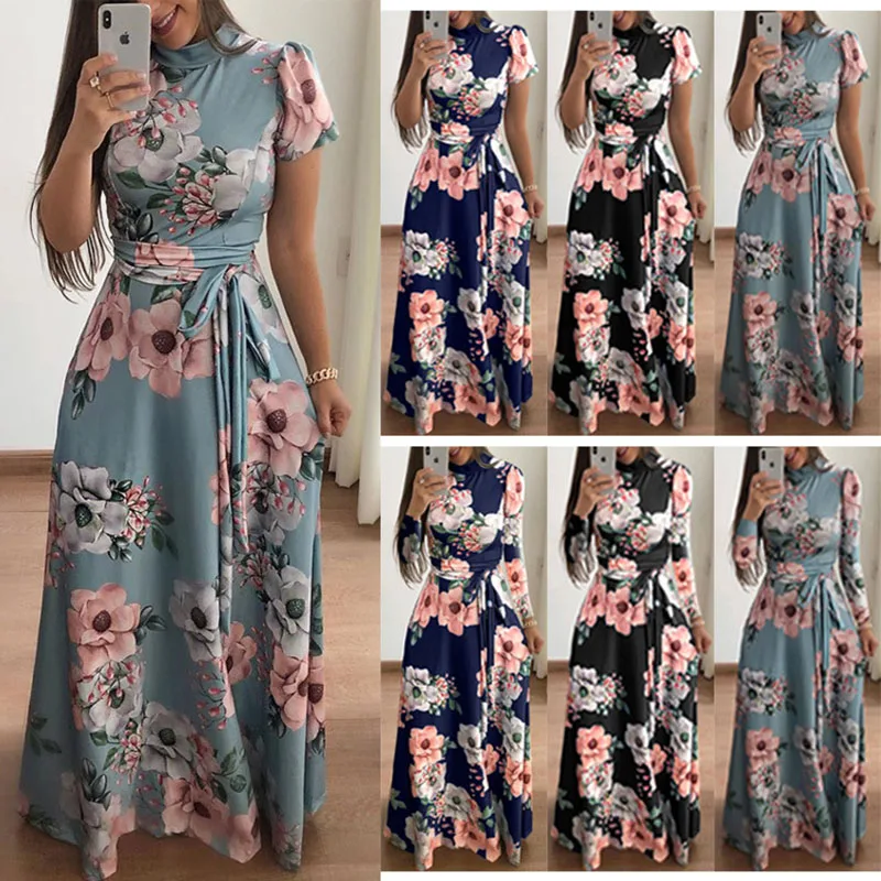 

2022 Boho Fashion Flowers Print O Neck Women's Bandage Maxi Dress Summer Casual Vintage Solid Short Sleeve Empire Ladies Dresses