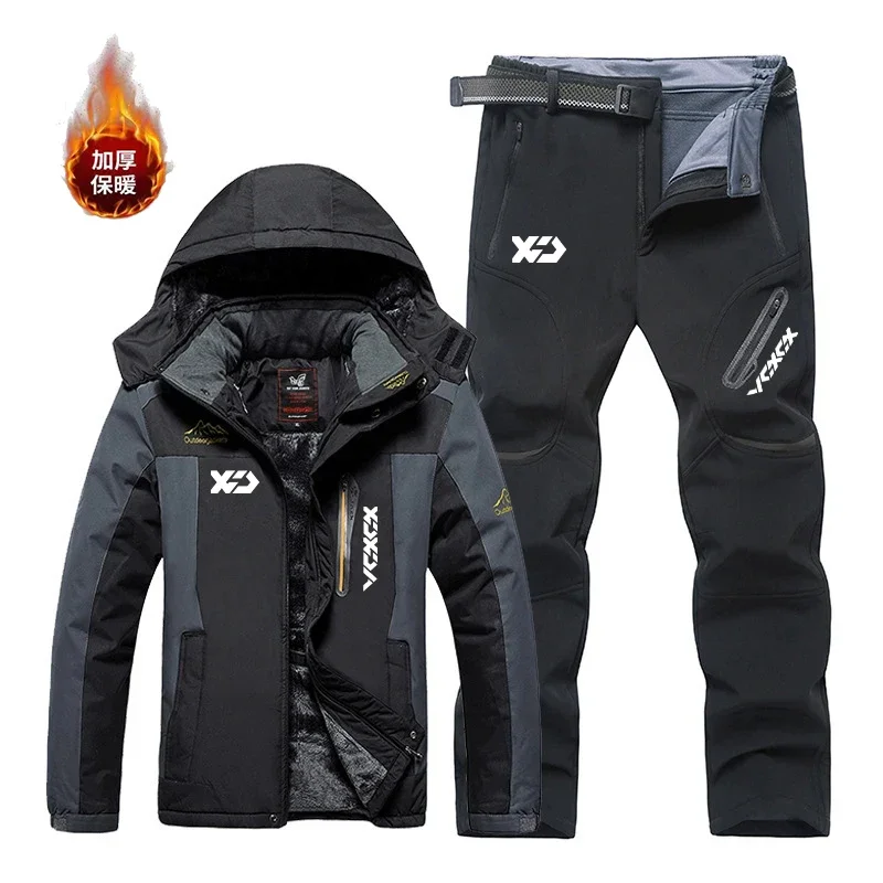 

New Winter Fishing Sets Men Thick Plus Velvet Hooded Fishing Jacket Fleece Fishing Pants Outdoor Waterproof Warm Camping Clothes