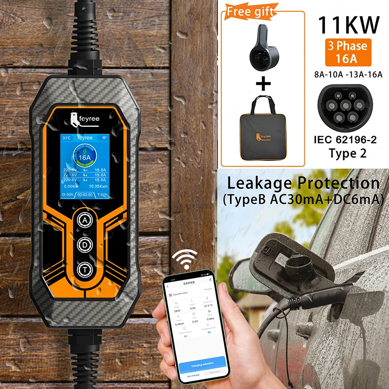Feyree Тип 2 портативное зарядное устройство для электромобилей 11 кВт 16 А 3 фазы Wi-Fi приложение Bluetooth версия EVSE зарядный кабель 5 м вилка CEE для электрического автомобиля