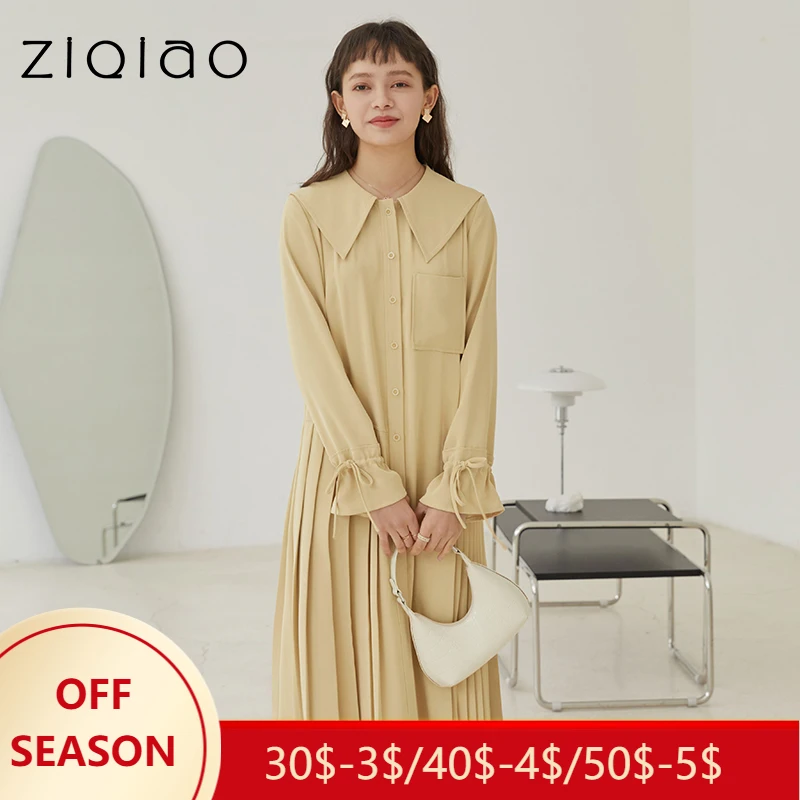 

ZIQIAO Casual Dress Office Lady Light Yellow Dress Design Sense Niche Spring 2021 New Loose Temperament Retro Women Dress