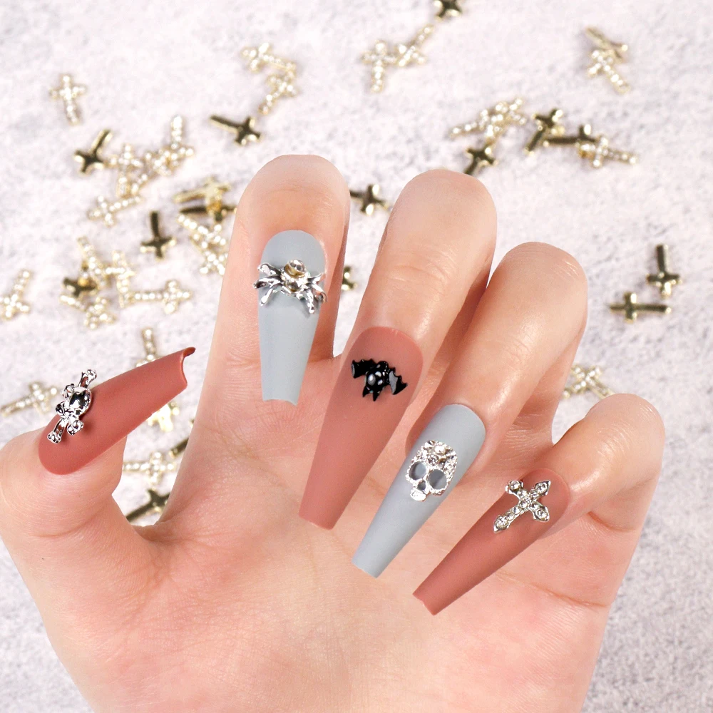 

10Pcs Cross Design Glitter Rhinestones For Nail Art Decorations 3D Nail Charms Luxury Alloy Jewelry Manicure Tool Press On Nails