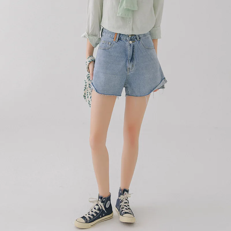 2021 Summer Women New High-waist Slit Slim Shorts Female Raw-edged Loose Jeans with Buttons Solid Color Cotton Casual Streetwear