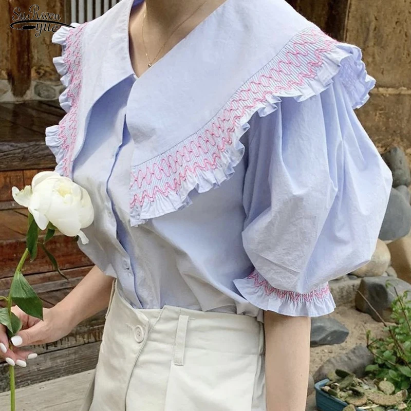 

Korean Chic Vintage Puff Sleeve Women Shirt Summer Doll Collar Single-breasted Woman Blouses White Ruffles Ladies Tops New 15165