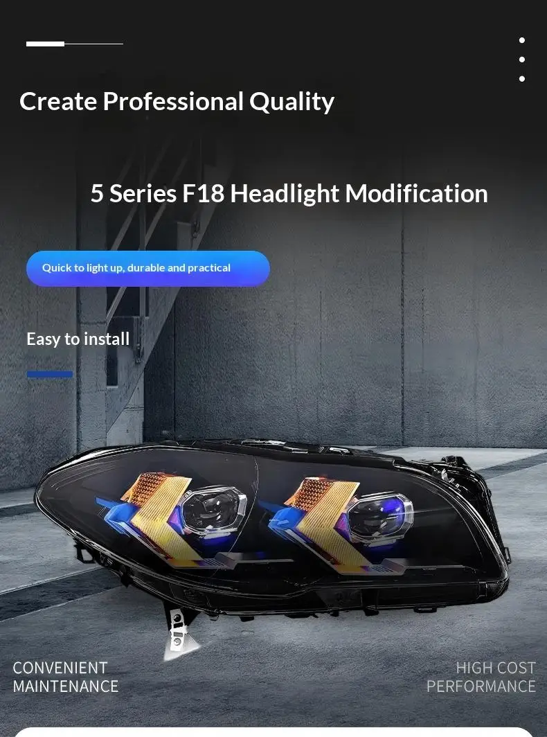 Фото Фара в сборе для BMW 5 серии F10, в стиле F18, со светодиодными динамическими указателями поворота и стреловидными ДХО, 12В №5