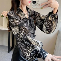 fashion lantern sleeve vintage printed lapel button loose chiffon shirt 2022 spring new female casual blouse commute tops
