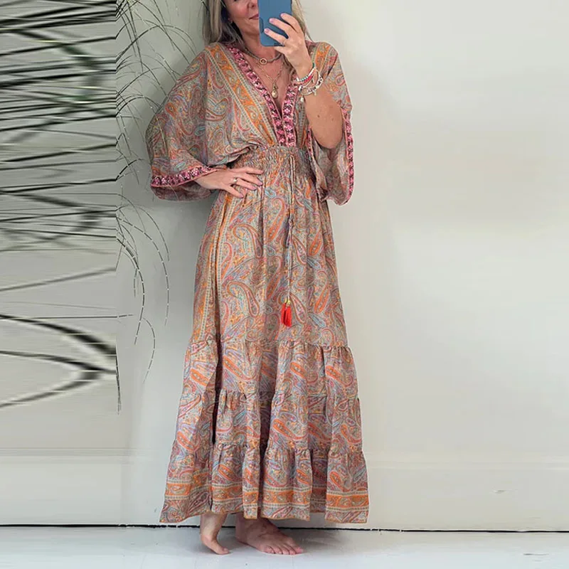 

Fashion Print Loose Swing Maxi Skirt Boho Casual Batwing Sleeve Beach Long Robe Sexy V-Collar Tassel Tie-up Women Party Dresses