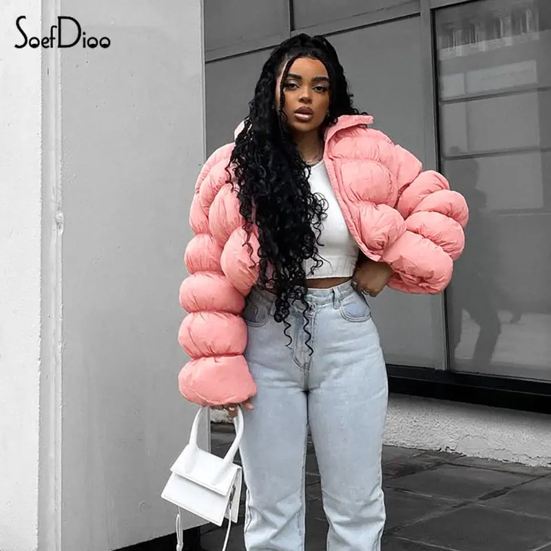 

Soefdioo Pink Puffer Jacket Winter Clothes Women 2022 Sexy Stand Collar Long Sleeve Zipper Folds Parkas Casual Coats Streetwear