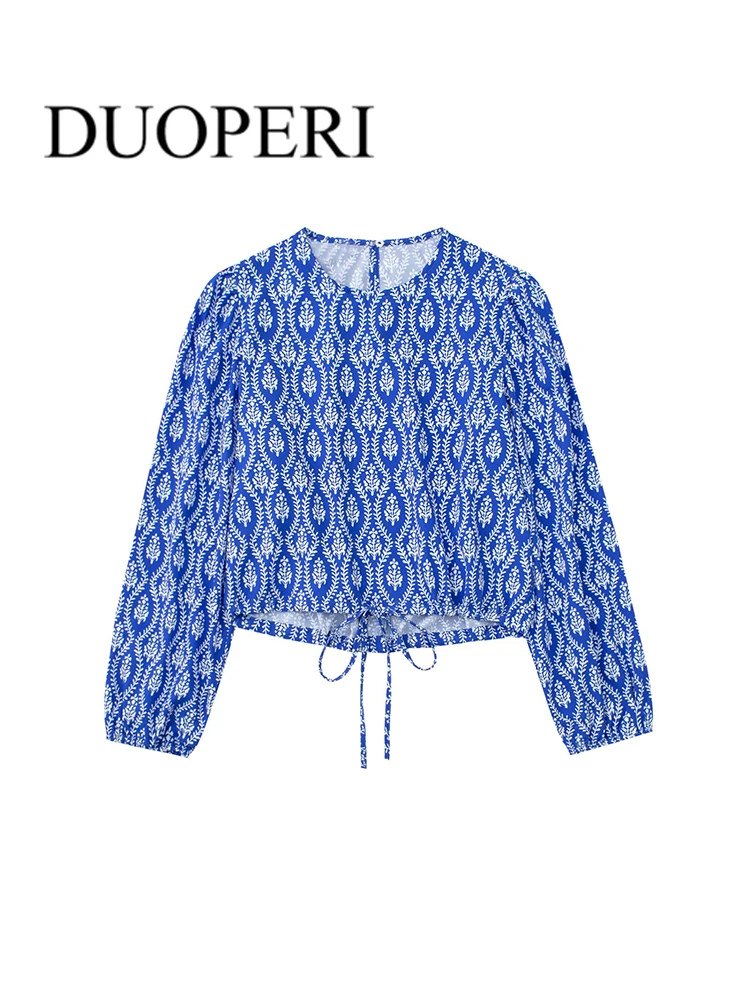 

DUOPERI Women Fashion Print Crop Blouse With Lace Long Sleeve Female Chic Lady Vintage Shirts Outfits Tops