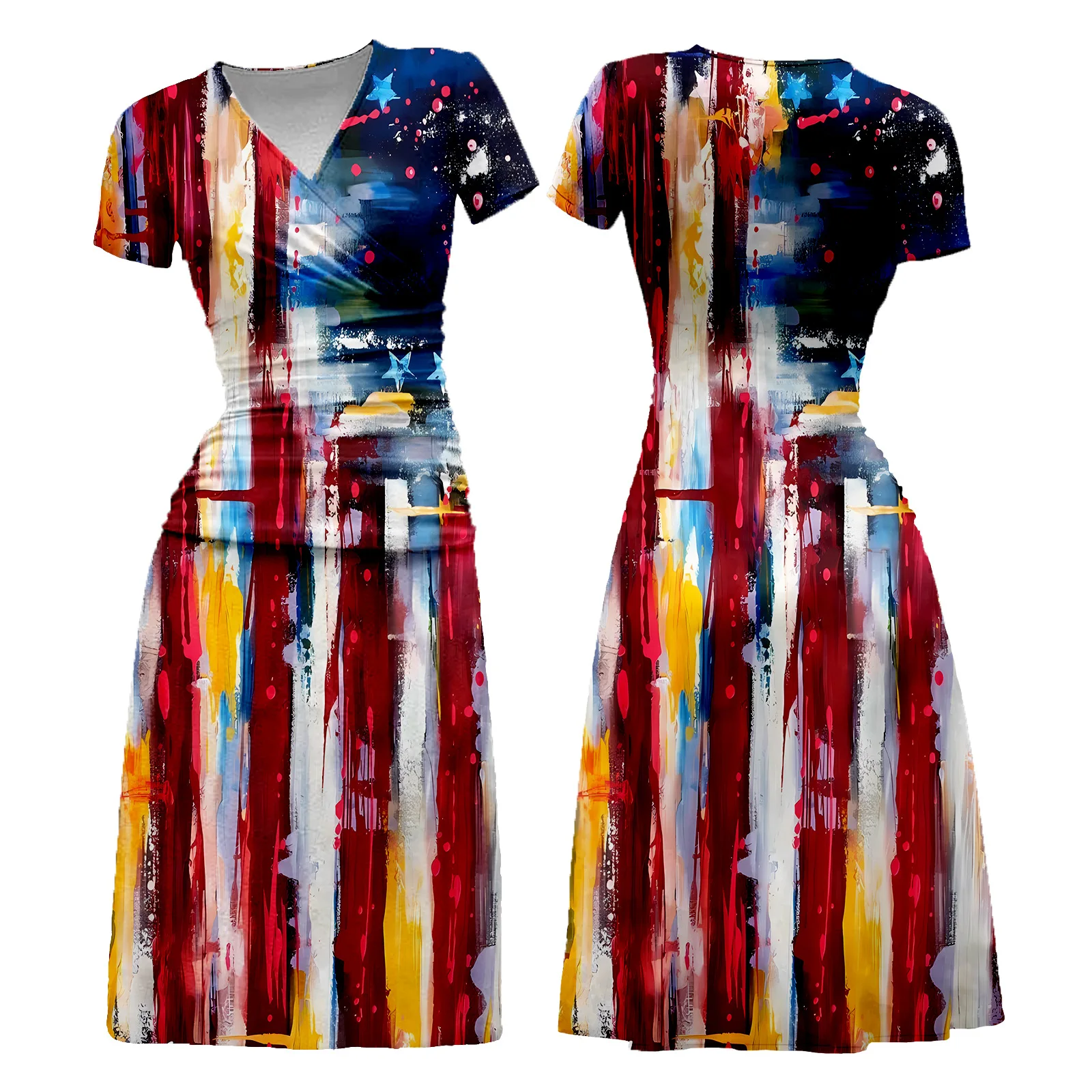 

Comfortable Luxury Busty Women Dresses Independence Day 3D Printed Sundress Short Sleeve Slim V-neck Long Dress Party Dress