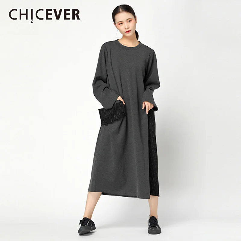 

CHICEVER свободное платье оверсайз для женщин с круглым вырезом и длинным рукавом, платья миди, Женская корейская модная одежда, стиль новый