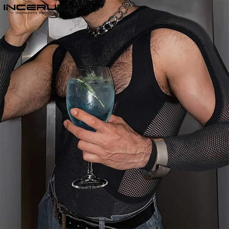 INCERUN Men's Hollow Out Jumpsuits Fashion Casual Male Party Shows Long Sleeved Breathable Mesh Skinny Stretch Romper S-5XL 2023