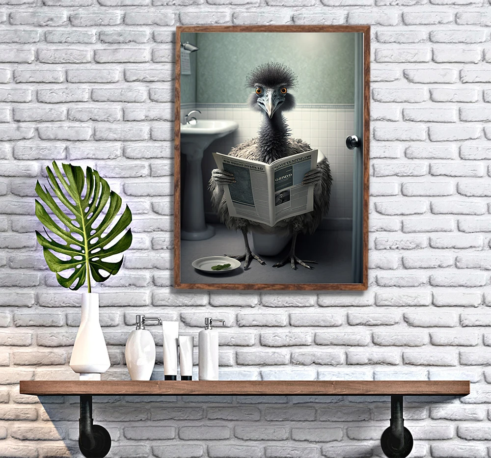 

Cute Animal Toilet Newspaper AI Painting Canvas Print Wall Art Poster Funny Whimsy Picture for Loo Bathroom Home Decor Cuadros