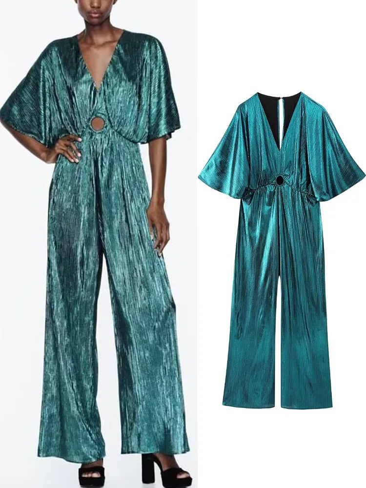 

TRAF Fashion Metal Color Jumpsuit For Women Sexy Vacation Bat Half Sleeve Deep V Neck Folds Lady Hight Waist Wide Leg Jumpsuits