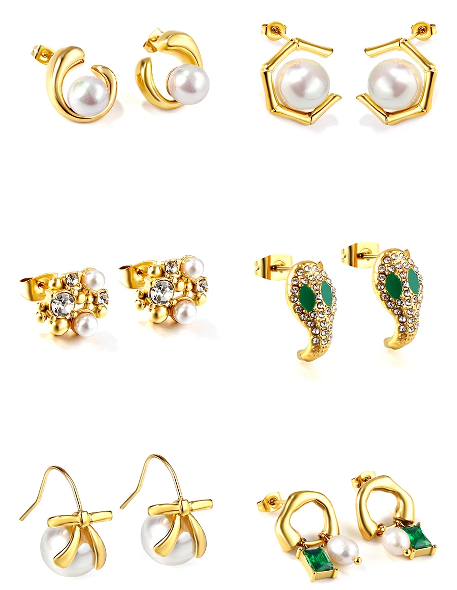 

Imitation Pearl Snake Green CZ Zircon Earring for Women Gold Color Round Stud Earrings Irregular Unusual Earrings Bijoux Femme
