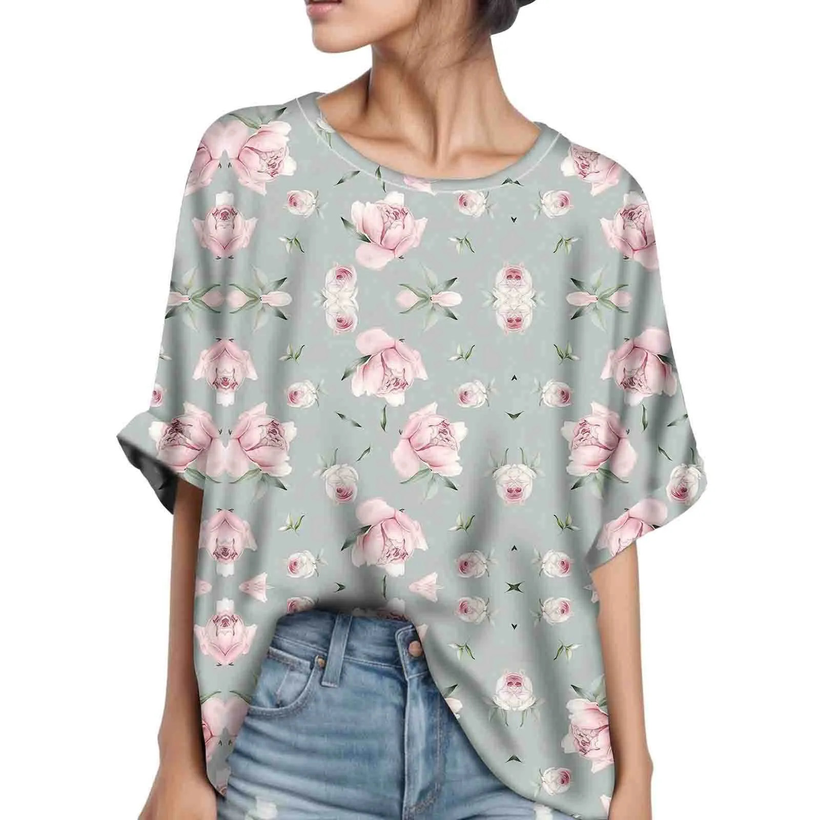 Floral Print Batwing Sleeve Blouses Women Summer Fashion Loose Tunic Shirts Vintage Casual Shirts O Neck Pullover Tops Блузки